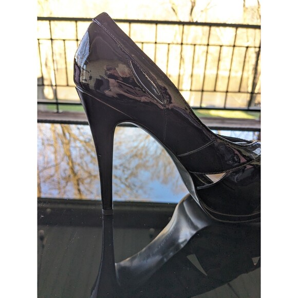 H by Halston Pumps Womens Sz 8.5 Black Patent Leather Platform Peeptoe Stilettos - Picture 11 of 16